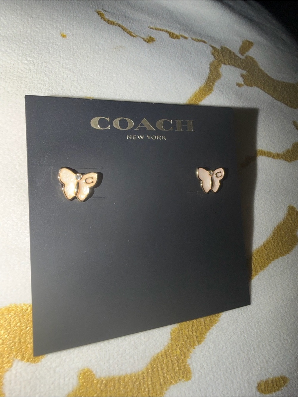 Coach Pink Enamel Butterfly Stud Earrings with Gold-Tone Trim - Picture 4 of 5